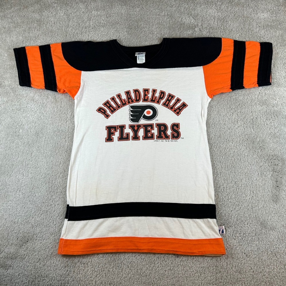 Logo 7 Philadelphia Flyers T-Shirt Mens M 14-16 White 1991 NHL Jersey Style USA